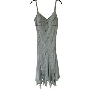 Vintage Y2K Dusty Blue Gray 12P Embellished Sequins Fairycore Scarf Hem Dress